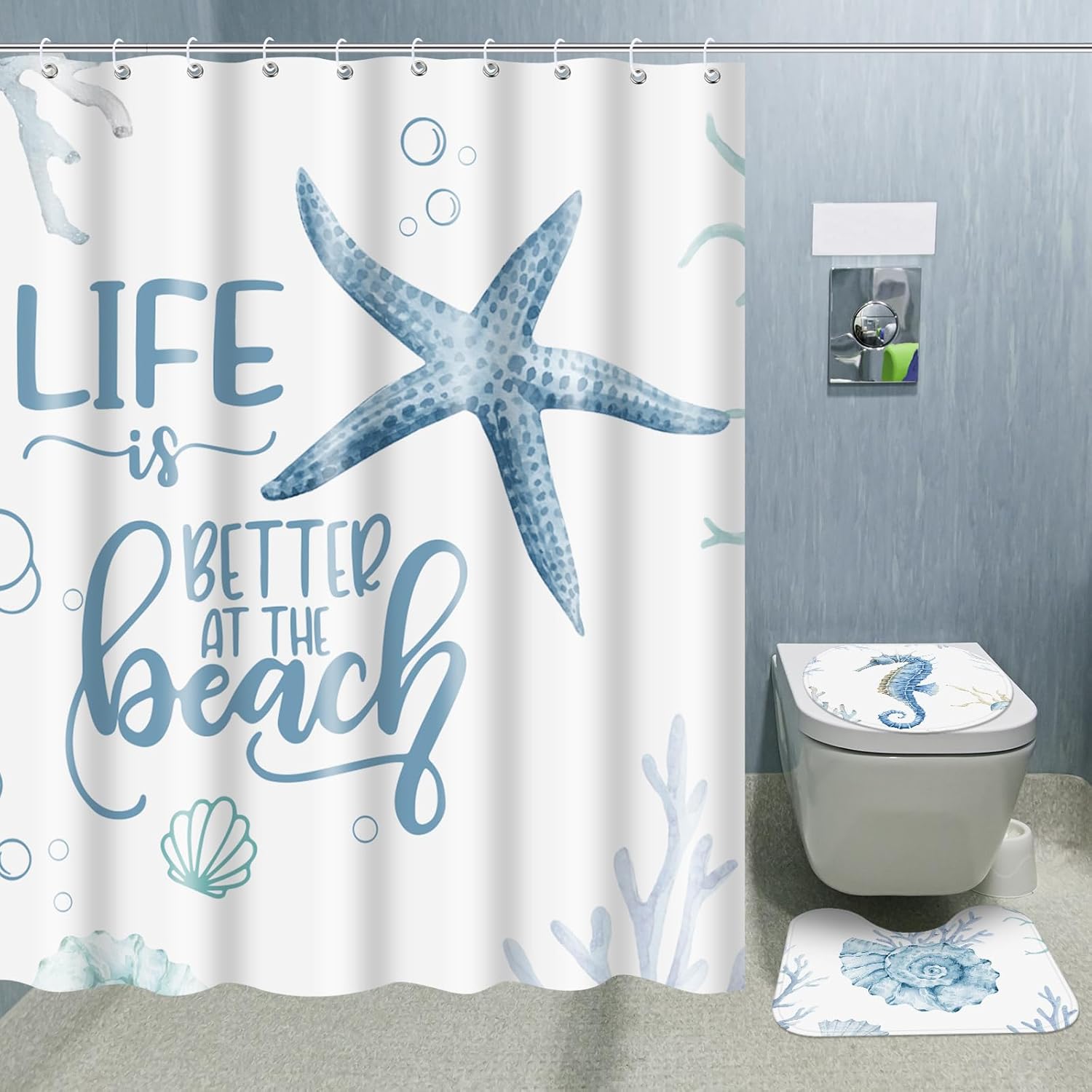WovWeave 4 Pcs Beach Bathroom Shower Curtain Set, Ocean Animals Bathroom Curtain with 12 Hooks, Non-Slip Rugs, Toilet Lid Cover, U Toilet Mat for Ocean Beach Theme Decoration