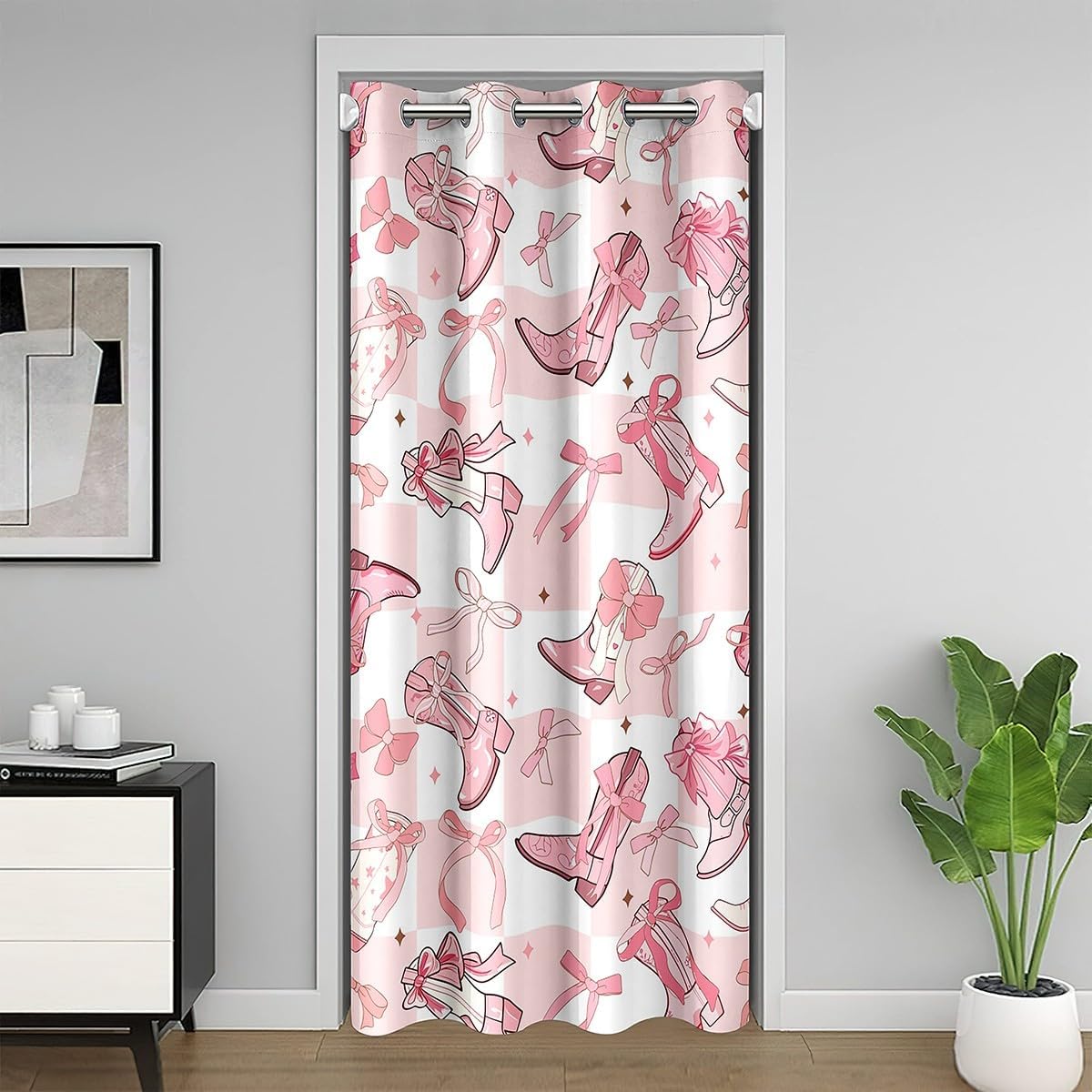 Western Cowgirl Boots Doorway Curtain Privacy,Cartoon Princess Style Pink Bowknots Starry Blackout Curtain,Pink White Plaids Patchwork Door Cover Curtain for Girls Teens,80"×60" 1 Panel