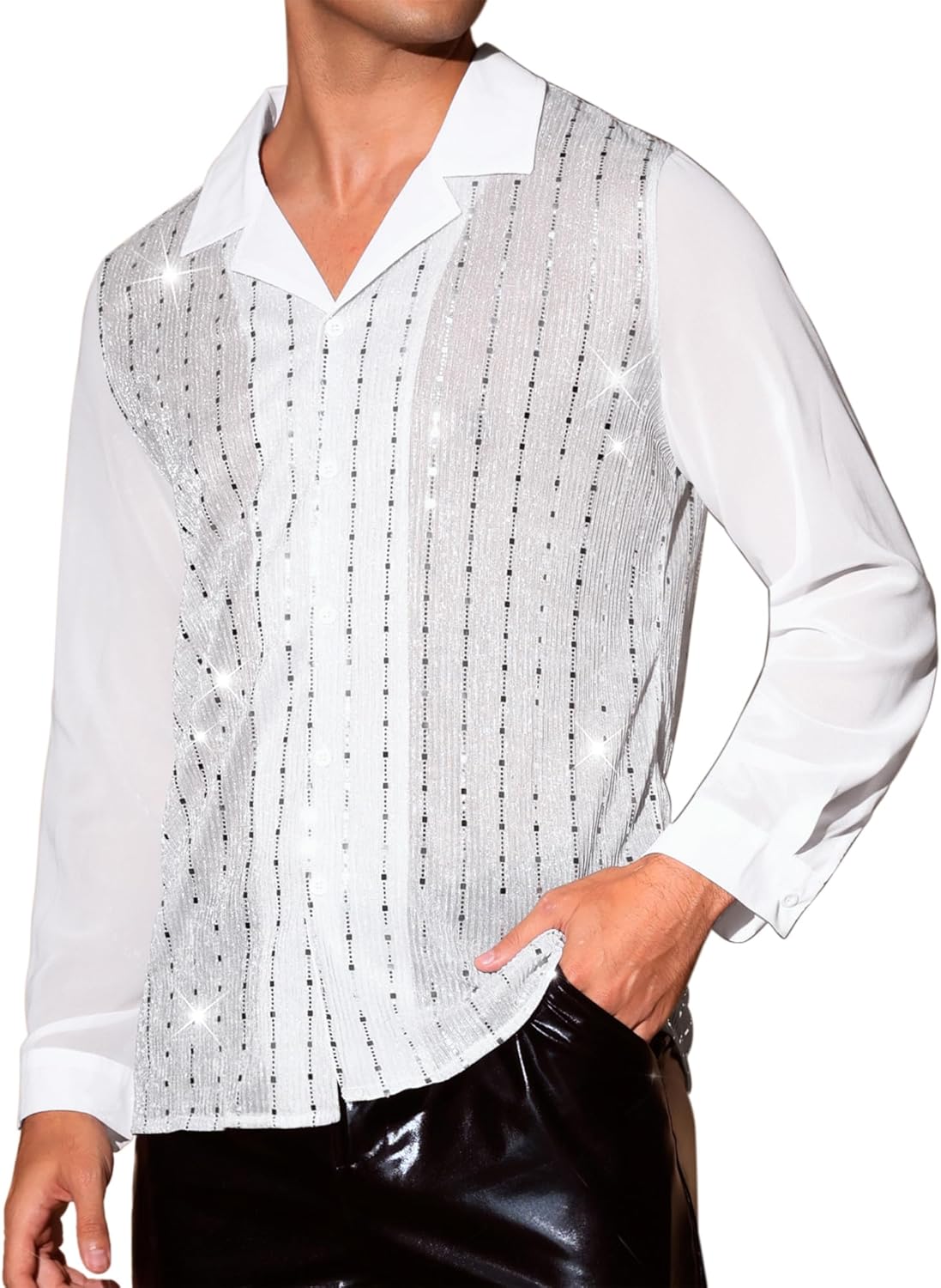 Lars Amadeus Sheer Sequin Shirt for Men's 70s Disco Long Sleeve Shiny See Through Shirts