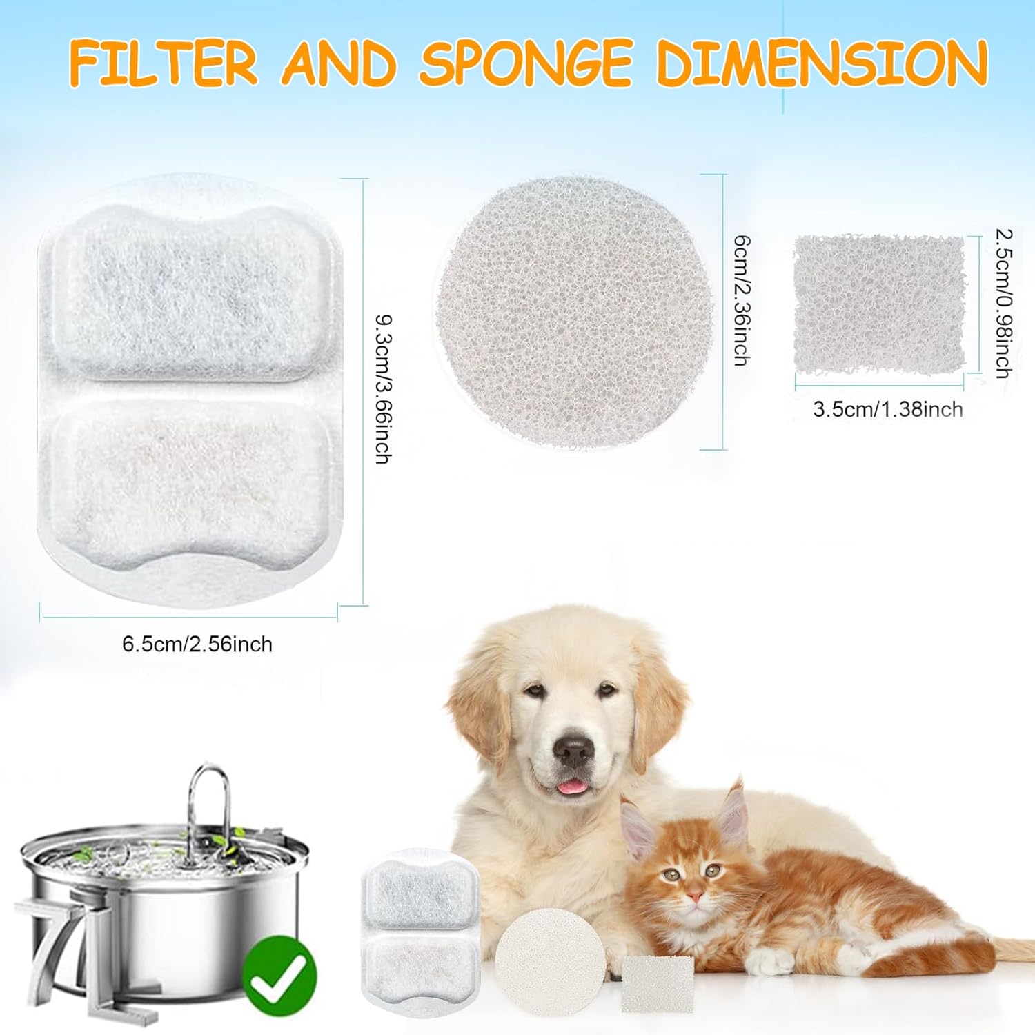 18 Sets Pet Water Fountain Filter Replacement Compatible with Oneisall 7L/230oz Stainless Steel Dog Dispenser - Filtered Dog Water Bowl - Replacement Filters and Sponge - Image 5