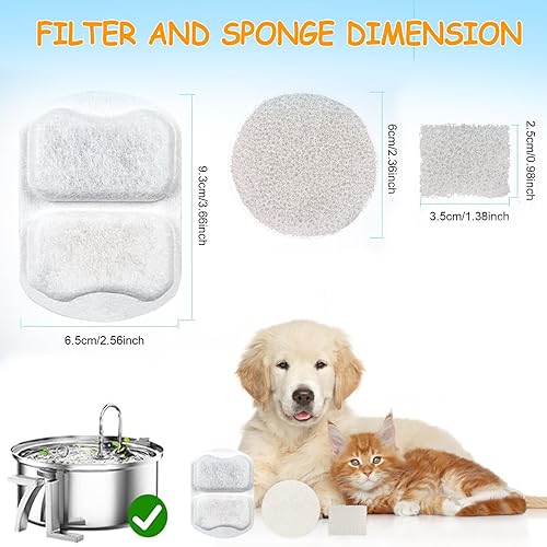 18 Sets Pet Water Fountain Filter Replacement Compatible with Oneisall 7L/230oz Stainless Steel Dog Dispenser - Filtered Dog Water Bowl - Replacement Filters and Sponge(12+12+12 pack)