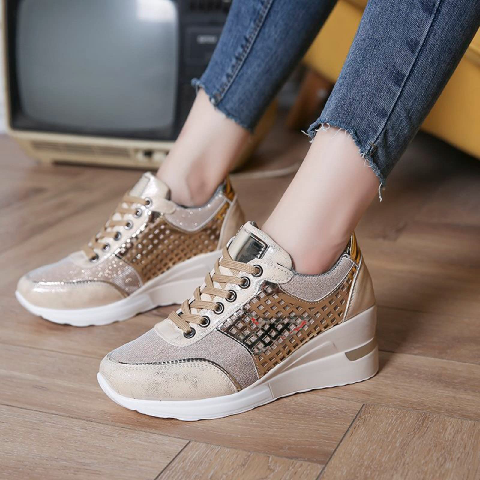 Generisch Sneakers con zeppa da donna, scarpe sportive | Scarpe da corsa per fitness, corsa, attività all'aperto, per il tempo libero, traspiranti, comode, con imbottitura ad aria