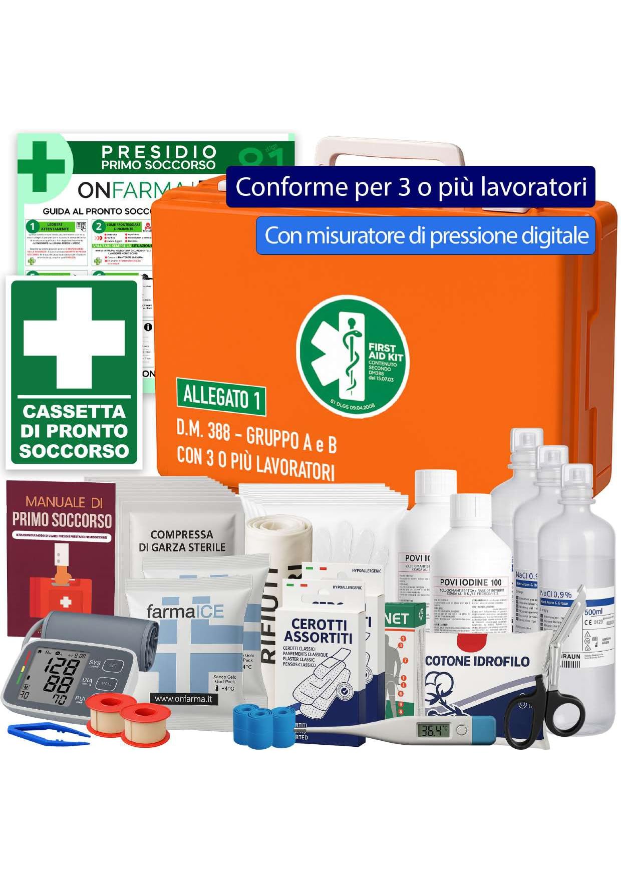 ONFARMA FARMA2 DIGIT BRACCIO con misuratore di pressione digitale da braccio Cassetta pronto soccorso Cassetta medica conforme DM 388 allegato 1 per aziende con 3 o più lavoratori