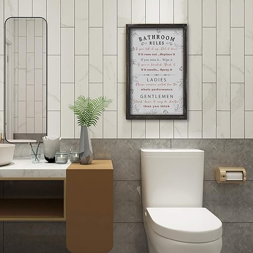 Miniatura 4 de Buecasa Funny Bathroom Rules Sign - Solid Wood Farmhouse Restroom Decor - Rustic Framed Wall Art for Toilet Restroom 16x9.5 Inches Vertical