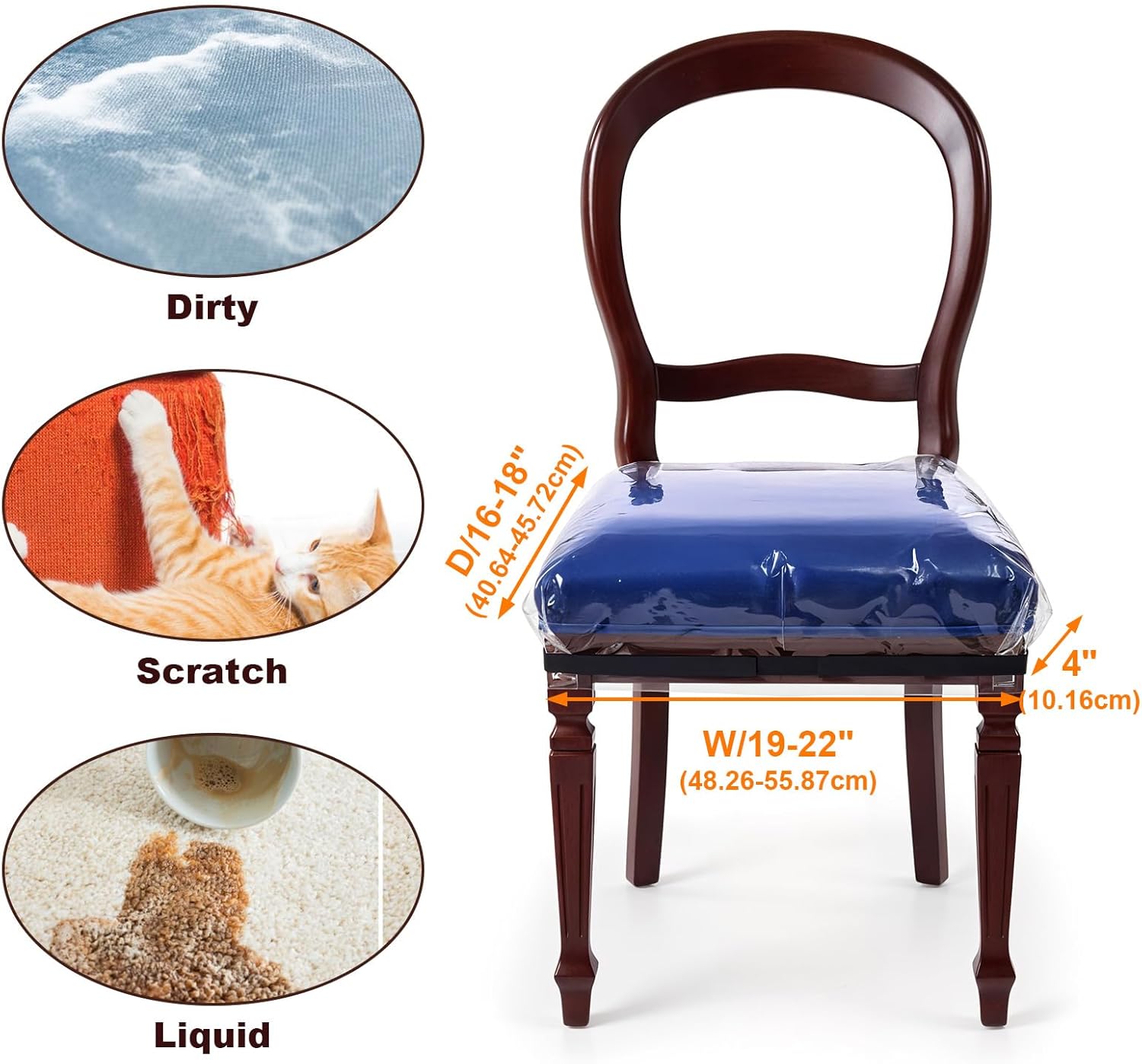 4 Pack Clear Plastic Dining Chair Covers, Adjustable Belt Strap Fits 19" to 22" Seats, Waterproof Scratch Resistant Heavy Duty PVC Seat Protectors for Pets and Everyday Use