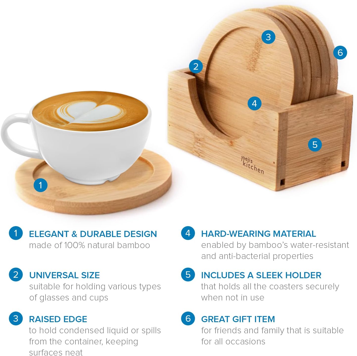 Joejis Set of 6 Wooden Coasters with Glass Holder, Heat and Water Resistant, Prevents Burns and Traces on Furniture - Image 4