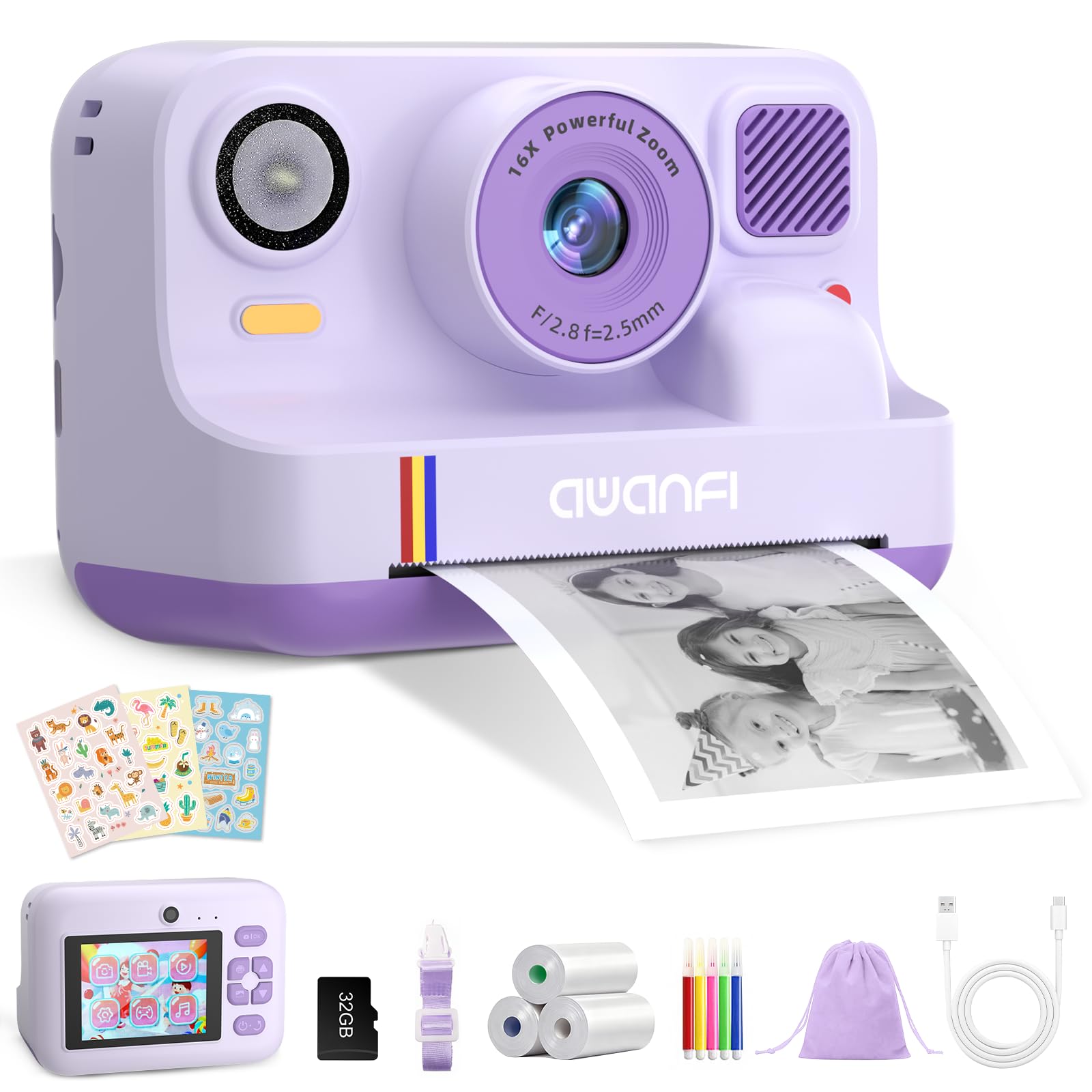 Macchina Fotografica Bambini Istantanea, 1080P Fotocamera Istantanea Bambino, 2.4 Pollici Fotocamera Digitale Bambini con Scheda da 32GB & Papier Photo, Regalo per Ragazze Ragazzi da 3-12 Anni