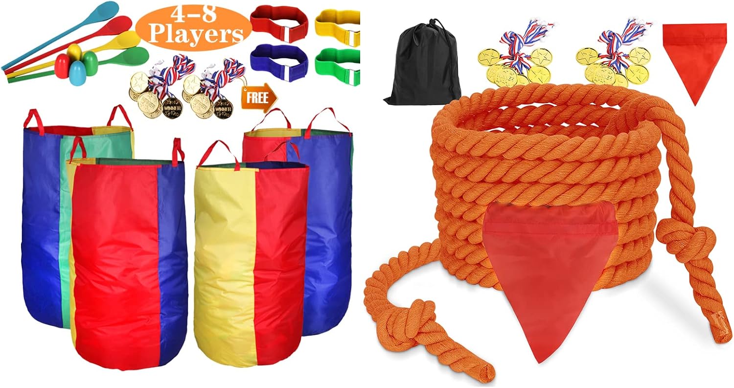 CWLAKON Potato Sack Race Bags, Tug of War Rope for Kids and Adults, Field Day Outdoor Sports Activities