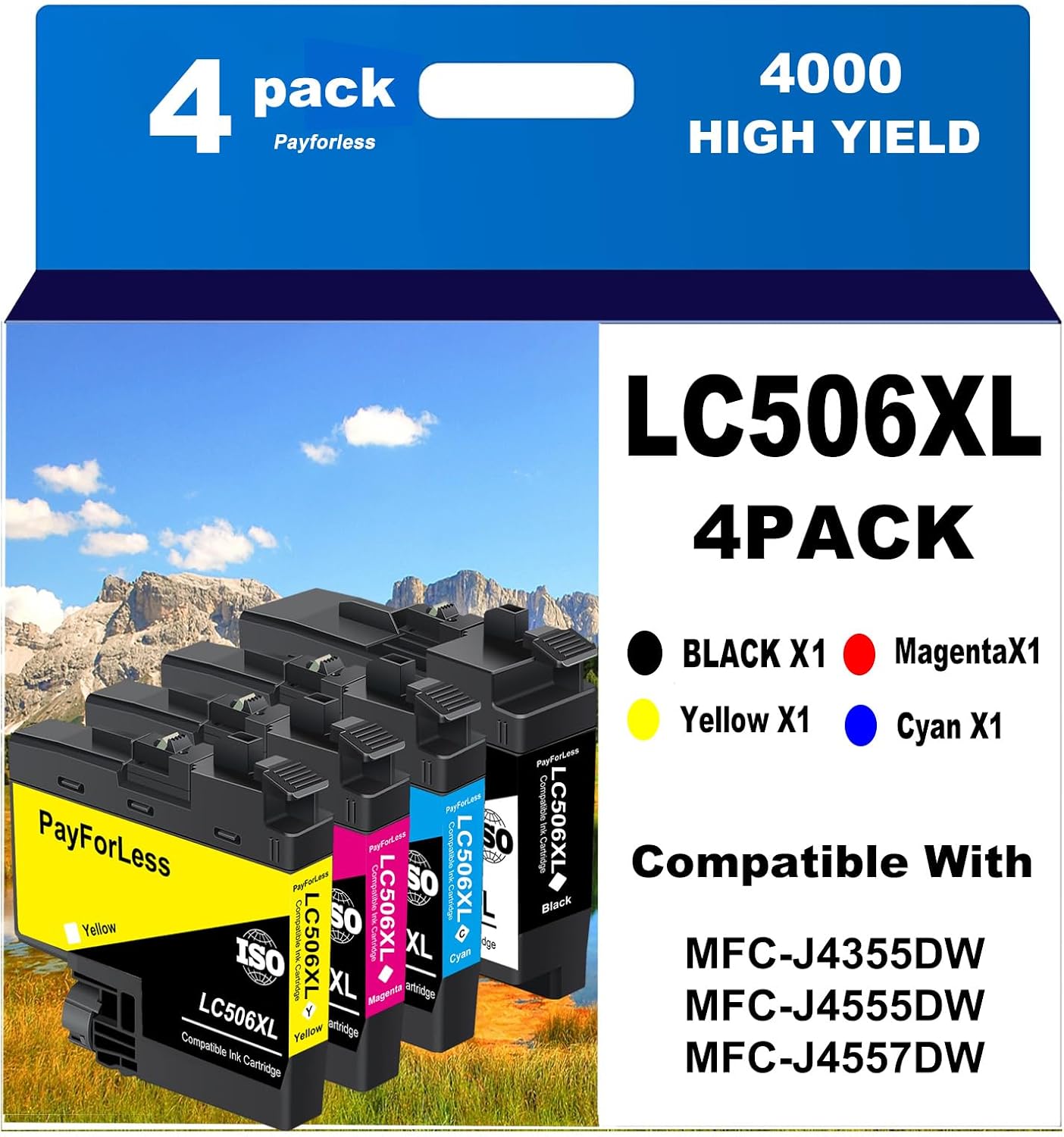 PayForLess LC506XL LC506 Ink Cartridges Compatible for Brother 506XL LC506 LC506 XL for Brother MFC-J4355DW MFC-J4555DW MFC-J4557DW Printer 4 Pack(Black Cyan Magenta Yellow)