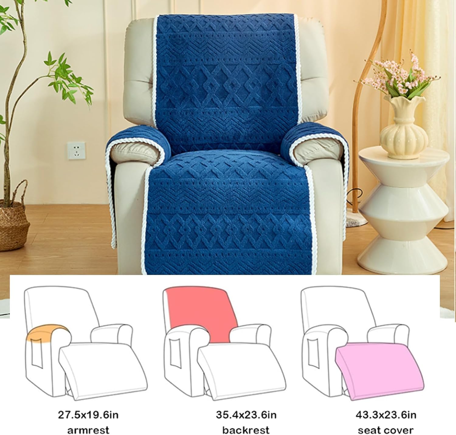 Cotton Fluff Recliner Chair Covers, Recliner Slipcover Armrest Cover with Pockets Non Slip Reclining Couch Cover Soft Comfort Washable Sofa Recliner Cover ,Furniture Protector for Kids, Pets (Blue)