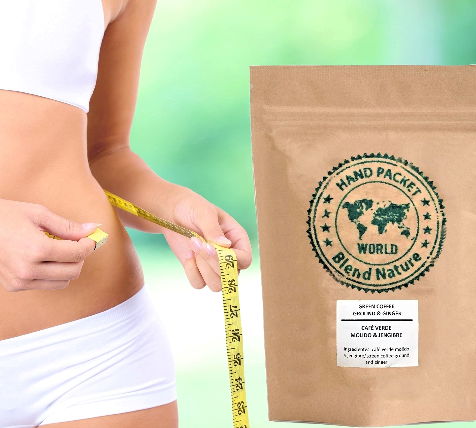 Grüner Kaffee zur Infusion 100% Natürlich mit Ingwer 500 g - Zerkleinerte Bohnen von Cafe Arabica Colombia Excelso - Geschenkkugel-Edelstahl-Infusionssieb
