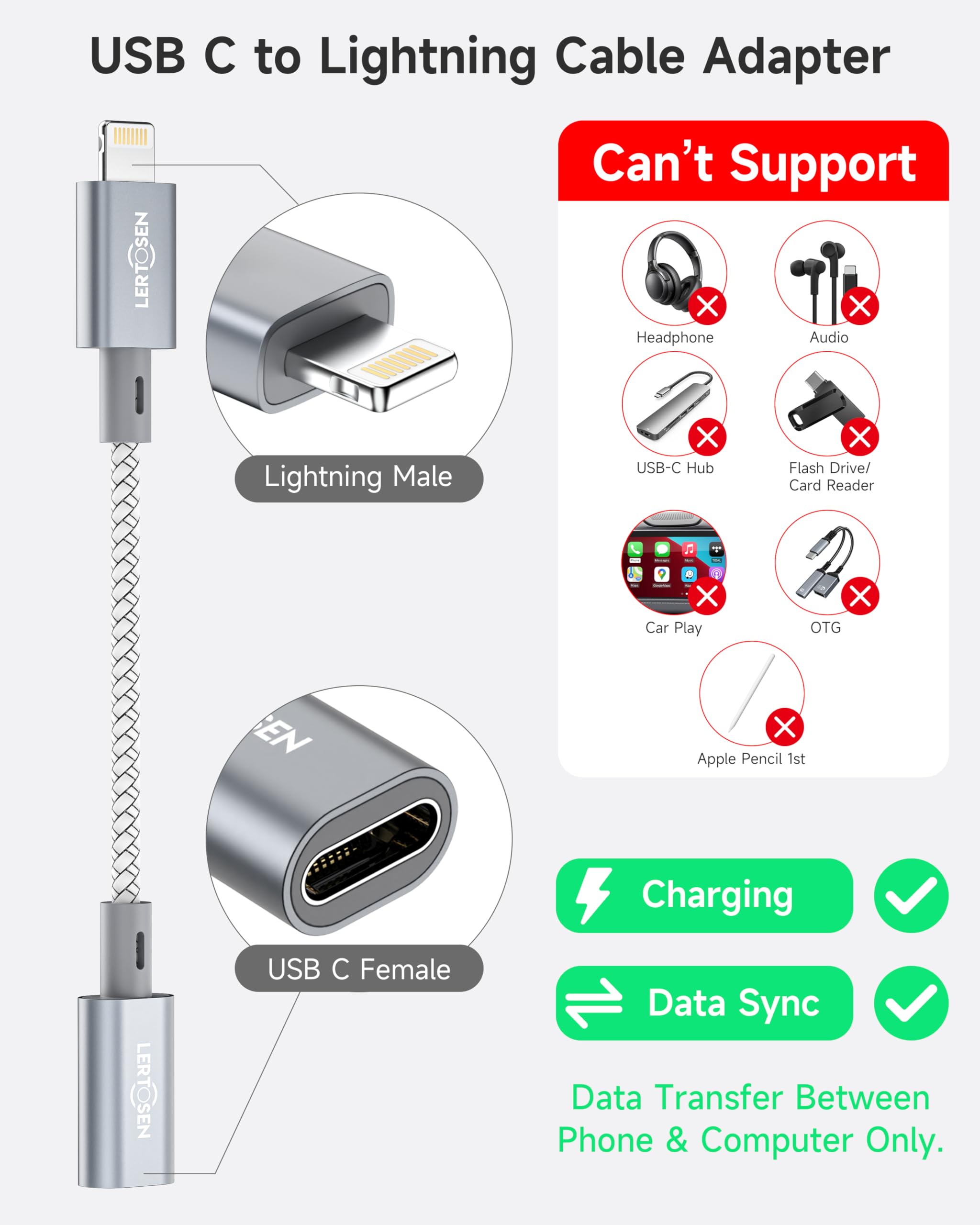 LERTOSEN Confezione da 2 cavi adattatori da USB C a Lightning da 27 W, ricarica rapida e trasferimento dati, da tipo C femmina a 24 pin maschio, per iPhone 14/13/12/11, iPad, Airpods, non per audio