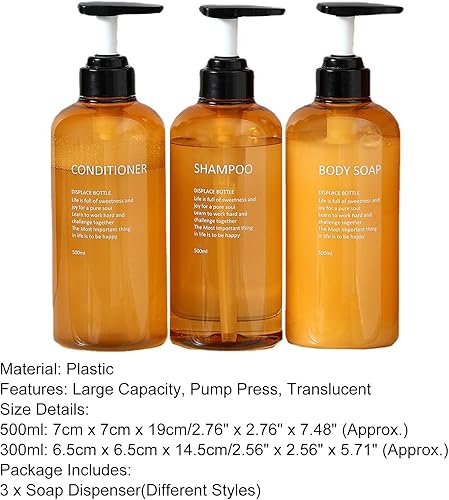 Vista 10 de 3 botellas reutilizables de champú y acondicionador, dispensador recargable de ducha, dispensador de jabón de prensa de bomba de plástico para baño