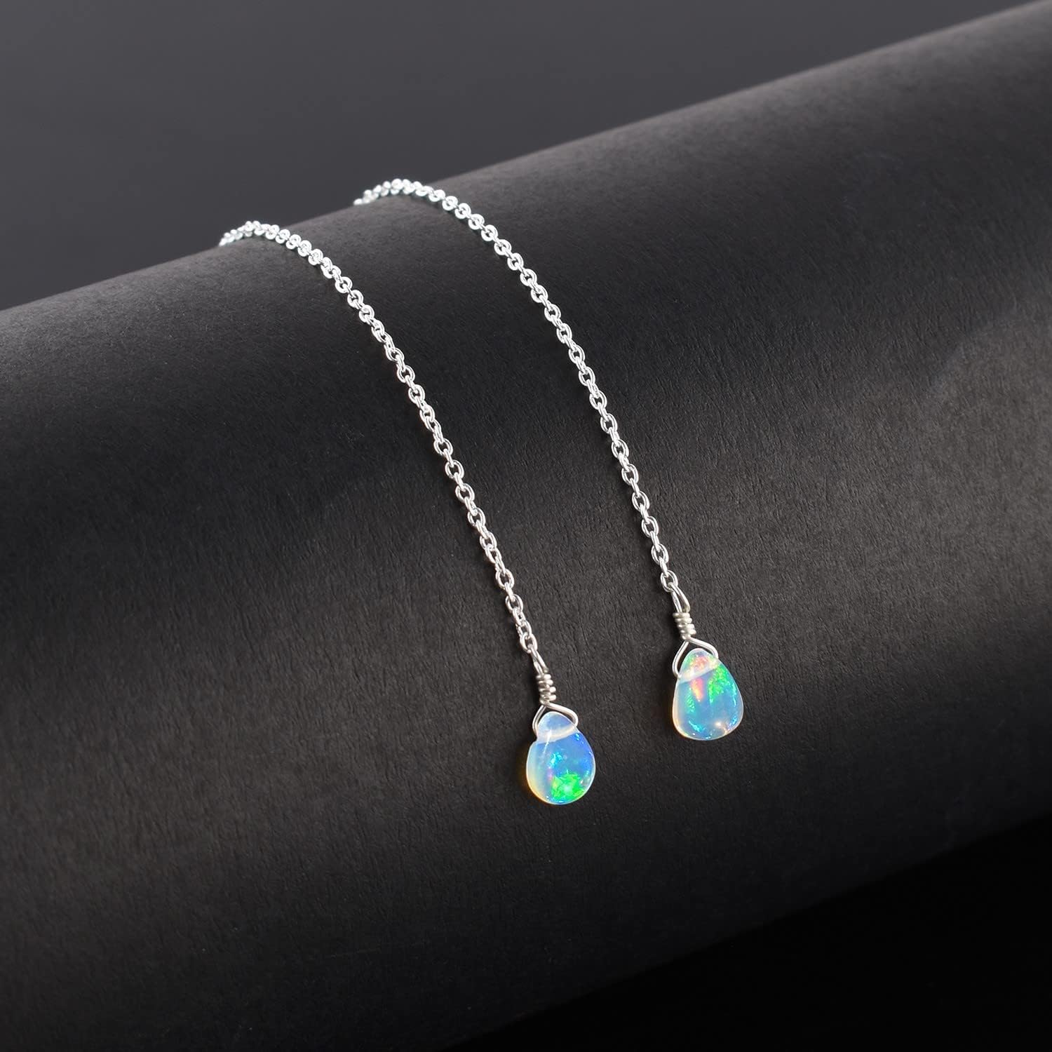 Natural Ethiopian Opal Stone Dainty Earrings, Opal Gemstones, Minimalist Jewelry, Dangling Earrings, Silver Plated, October Birthstones, Earrings for Women & Girls