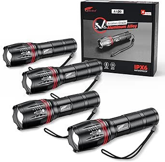 HAUSBELL LED A100 Flashlight Bright, Zoomable Tactical Flashlights Flash Light with High Lumens and Five Modes for Emergency and Outdoor Use Camping Accessories, 4 Pack