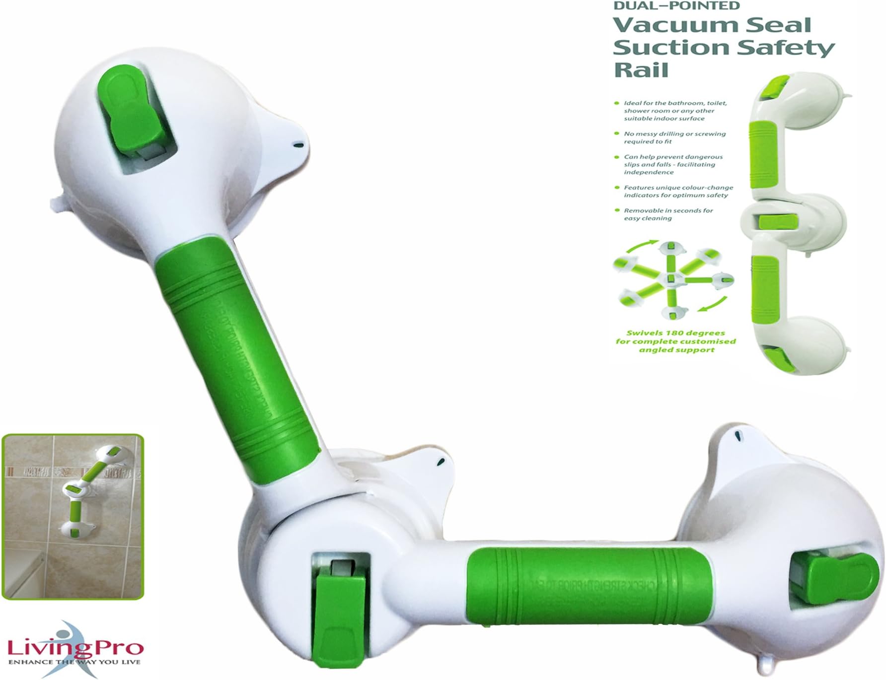 LivingPro Swivel Suction Cup Wall Grab Bar for Bath & Shower Safety(Provides Extra Stability) Quick & Easy Installation