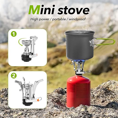 Miniatura 4 de Rlrueyal Utensilios de cocina para campamento soporte para estufa de mochilero trípode y taza de camping de acero inoxidable kit de cuchara de