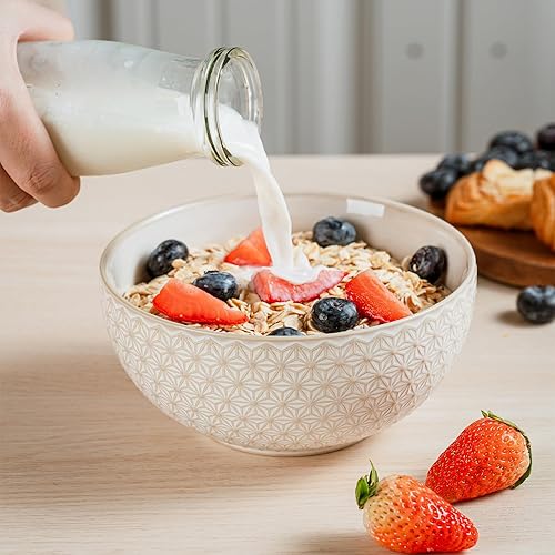 Miniatura 5 de MIKIGEY Juego de 4 cuencos de cerámica para cereales de 30 onzas, para cocina, cuencos de cerámica con relieve, cuencos blancos para cereales, sopa,