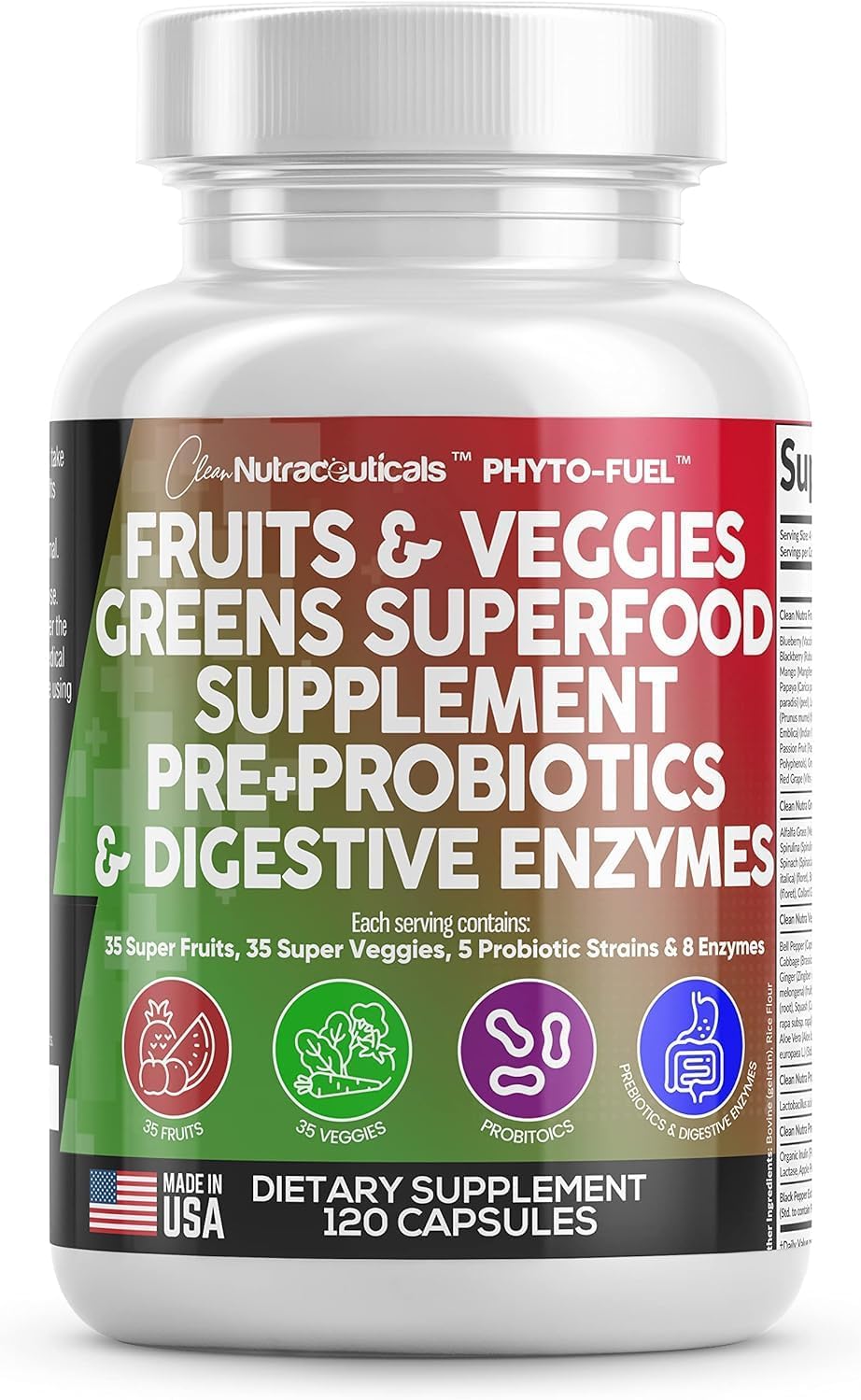 Clean Nutraceuticals Fruits and Veggies Supplement Reds & Green Superfood - Balance of Over 70 Fruit & Vegetable Supplements Capsules with Probiotics Prebiotics Digestive Enzymes - 5Pack