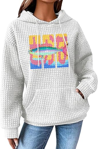 Womens Waffle Knit Cute Style Print Hoodies Drawstring Pullover Sweatshirt Fashion Casual Hoodie Fall Clothes Outfits