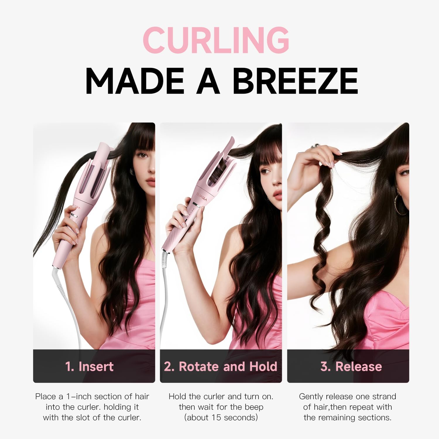 3 in 1 Automatic Curling Iron, Hair Curlers with 3 Curling Barrels (1" - 1.25" - 1.5"), Rotating Curling Iron with 3 Temp, 2-Way Rotation, 10S Fast Heating, Anti-Scald, Dual Voltage, Pink - Image 4