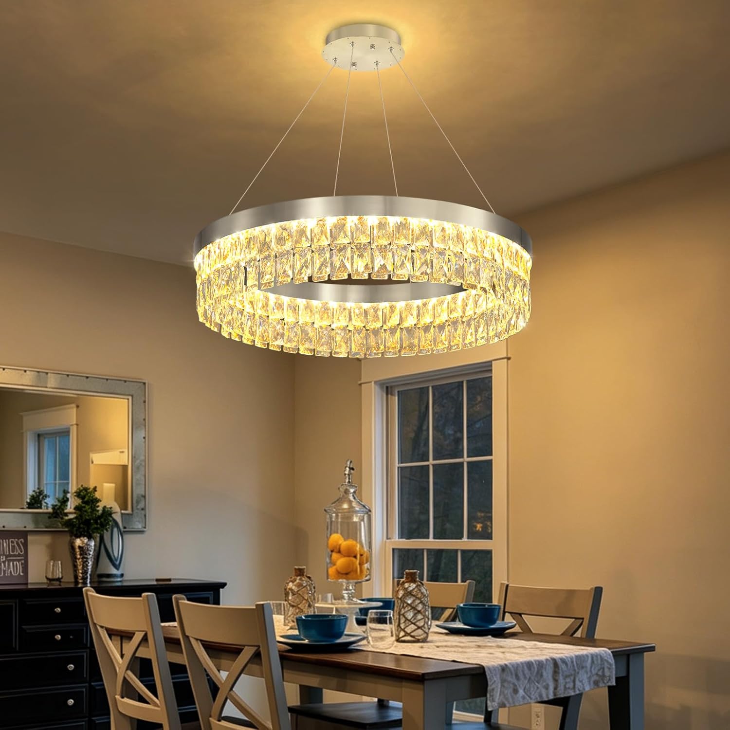 Modern Round Crystal Chandelier for Dining Room Remote Dimmable LED Crystal Pendant Light 35W Adjustable Lighting Fixture for Kitchen Island Living Room Silver