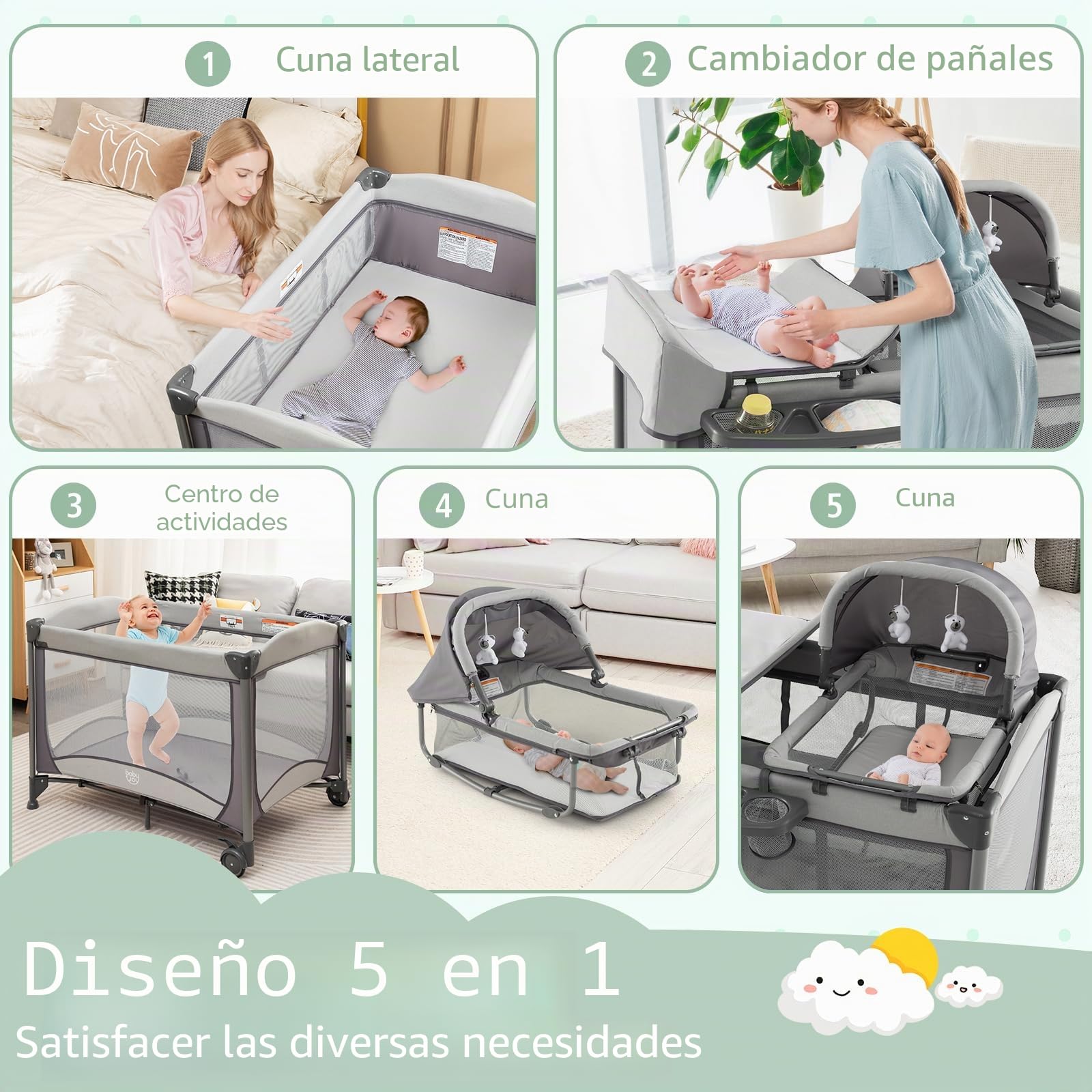 RELAX4LIFE 5 en 1 Cuna Bebé Desmontable con Cambiador de Pañales con Colchón, Estante, Juguetes Colgantes, Bolsa de Transporte y 2 Ruedas Bloqueables, Parque Infantil Bebe