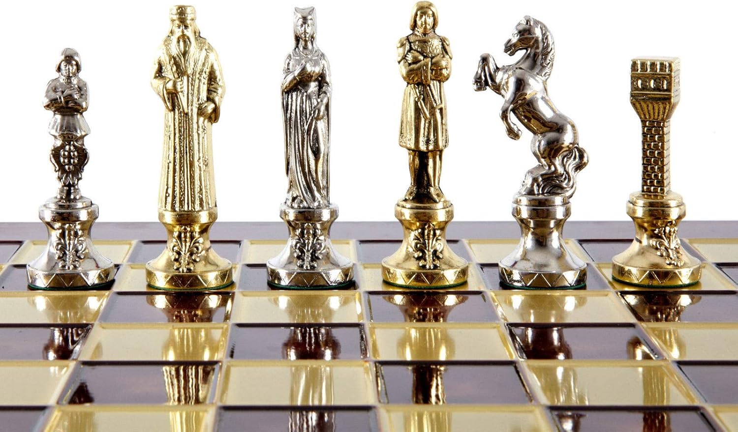 Manopoulos Renaissance Chess Set - Brass & Nickel - Red Chess Board - 2 Players - Age 12+