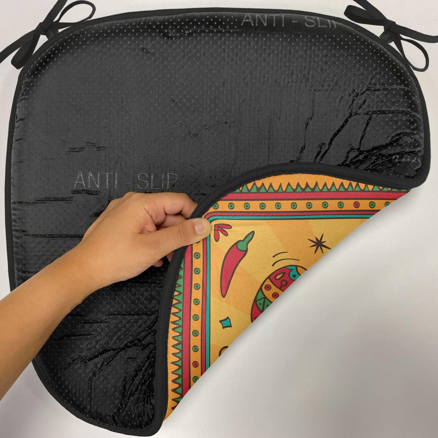 Lunarable Mexican Chair Cushion Pads Set of 4, Mexican Sugar Skull Cartoon Carnival Cartoon Traditional Celebration Print, Anti-Slip Seat Padding for Kitchen & Patio, 16"x16", Orange Red Teal