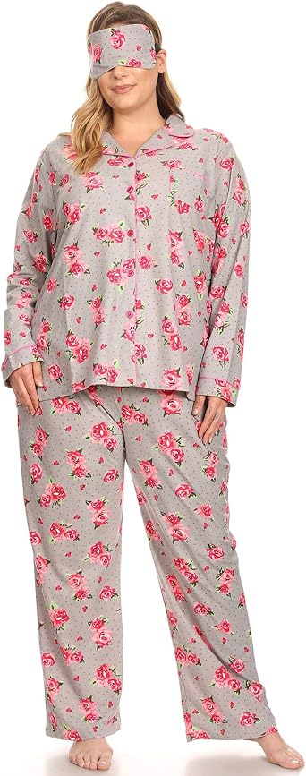 white mark Womens Printed Flannel Pajama Set with Eye Mask
