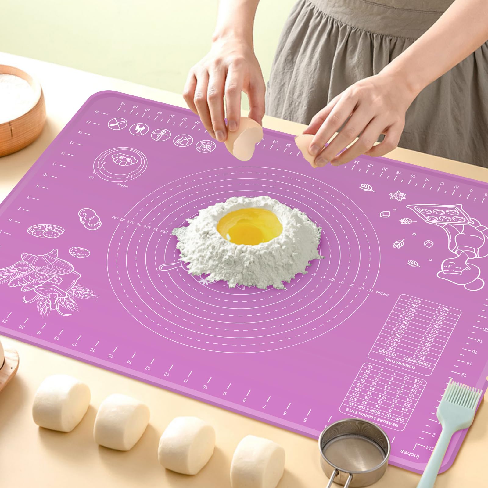 Silicone Pastry Mat Extra Large with Measurements and High Edge, 80x60cm Non-Slip Food Grade Silicone Baking Mat for Dough Rolling, Kitchen Worktop Protector, Table Mat, Pastry Board, Purple