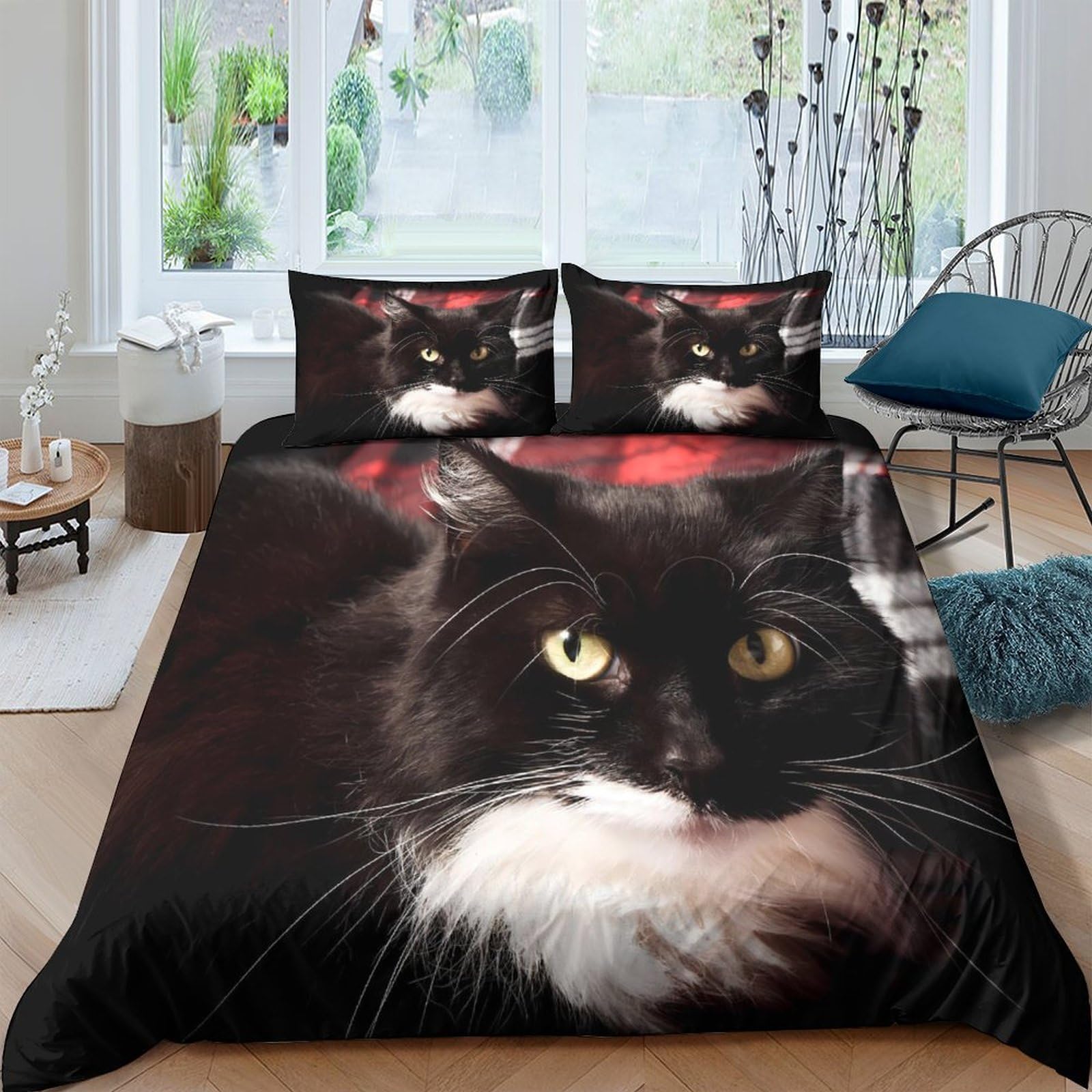 Ctjqhvkz Style-10 3D Printed Black Cat Fitted Sheet Microfiber Soft Breathable Red Eyes Bed Cover For Bedroom Guest Room Decor Single（135X200cm）