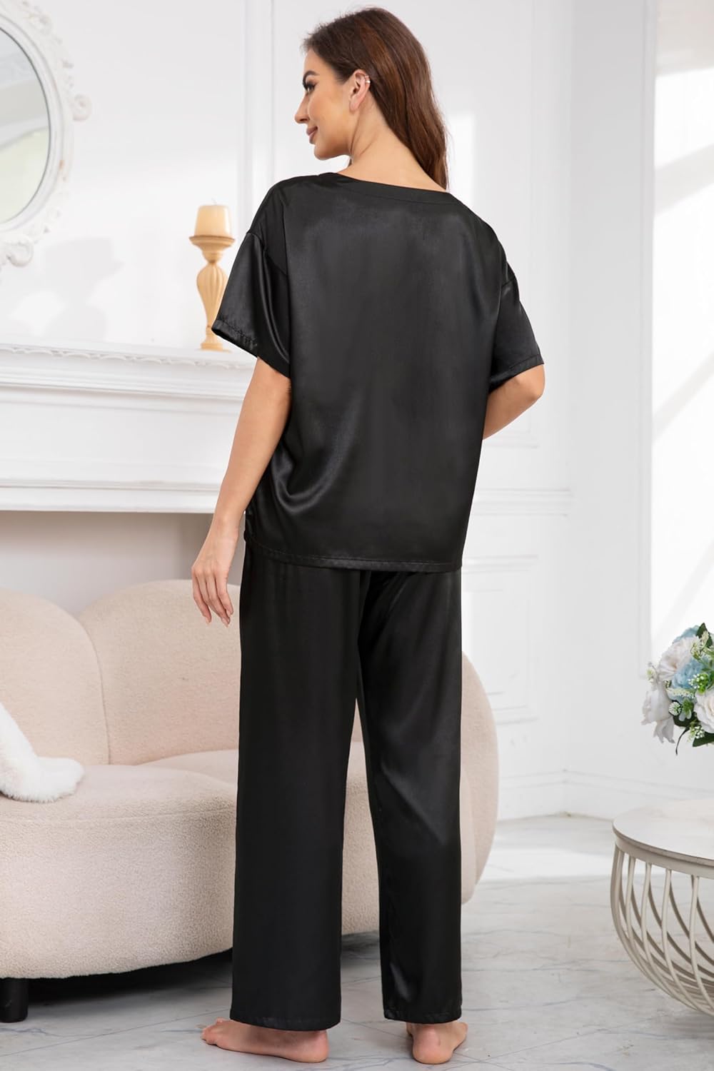 Nanxson Womens Satin Pajama Nightwear 2 Piece Loungewear with Pockets Soft Sleepwear Silky Short Sleeve Shirt with Long Pant - Image 4