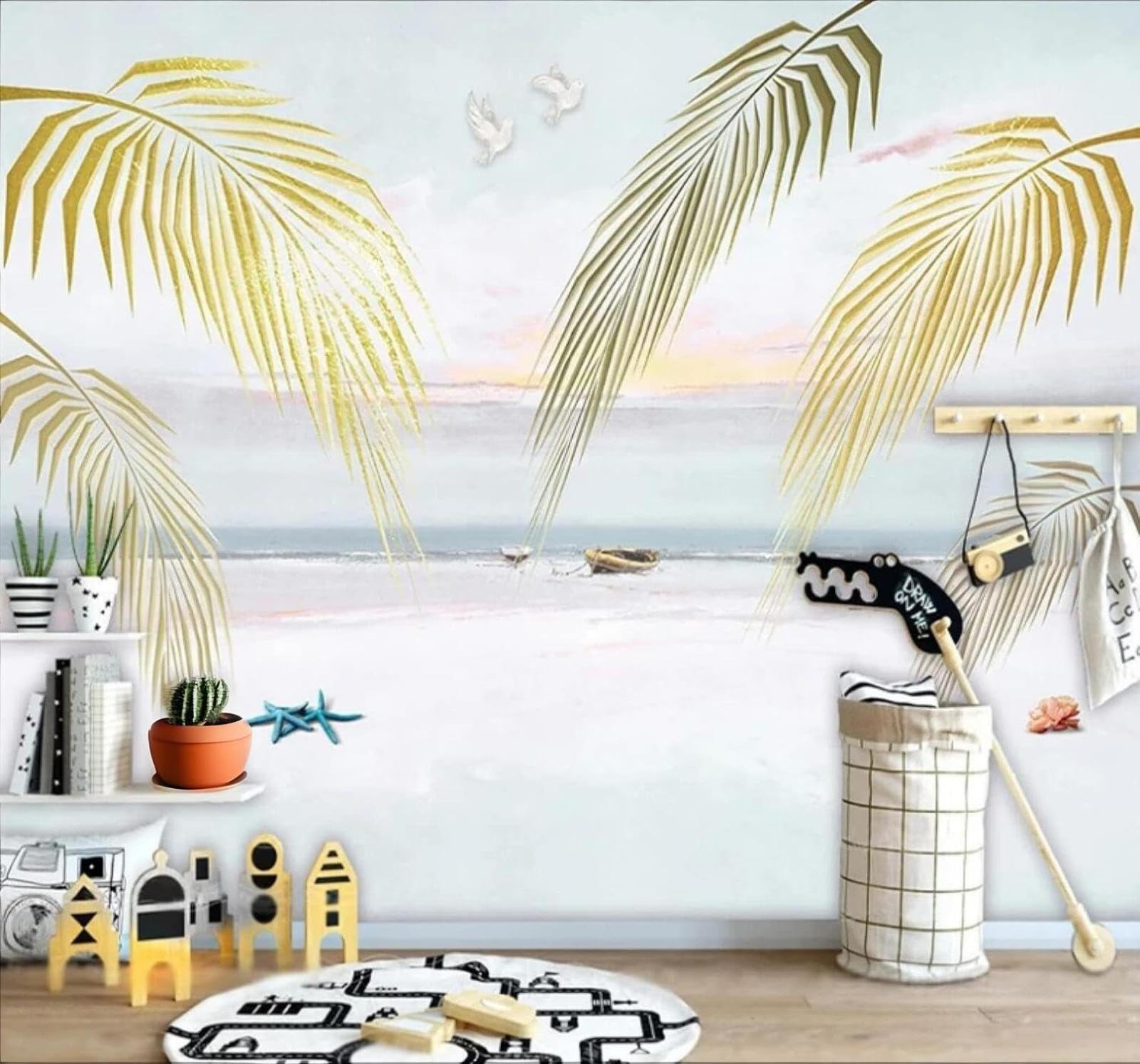 Wallpaper-3D-Xlm 400Cm×280Cm(B×H) Beautiful Ocean Beach Plants Palm Leaves 3D Wallpaper Easy Install Feature Office Living Room Sofa Bedroom Tv Background Wall Decoration-400Cm×280Cm