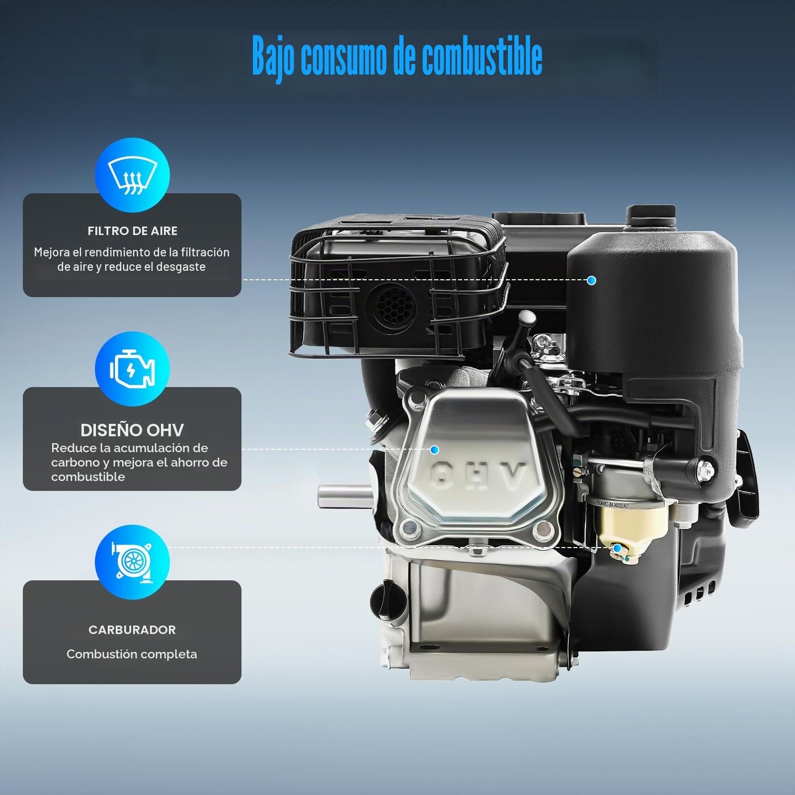 Motor de gasolina de 7,5 CV, 3600 rpm, motor de 4 tiempos, 212 ccm, motor de gasolina, 2 cm de diámetro del eje, 3,6 L, tanques de gasolina con mango de arranque para desbrozadora debajo, karts