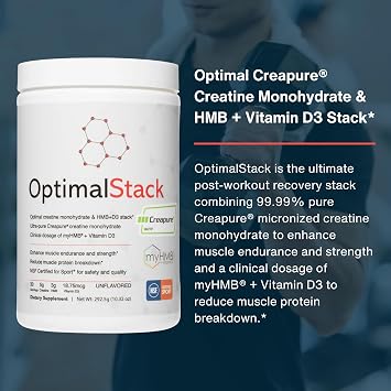 OptimalStack Creatine Monohydrate, HMB, Vitamin D3 Stack | with Creapure Creatine, Clinical Dosage of myHMB, and Vitamin D3 | NSF for Sport Certified | Unflavored, 30 Servings
