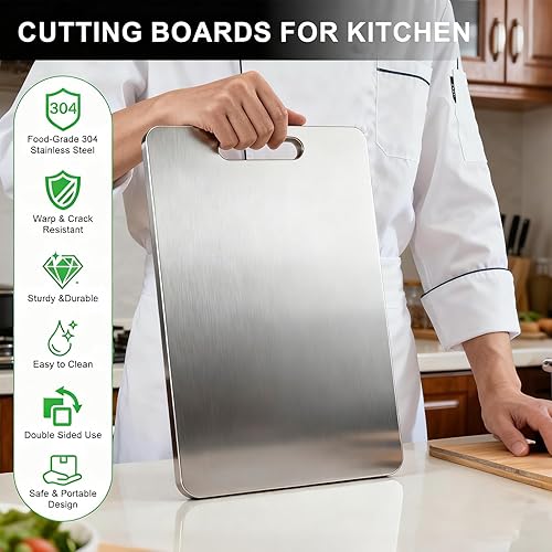 Miniatura 5 de Tabla de cortar de acero inoxidable para cocina, tabla de cortar no tóxica de grado alimenticio 304, a prueba de deformación y fácil de limpiar,