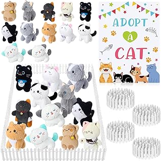 15Pcs Adopt a Pet Cat Party Favors Mini Kitten Stuffed Animals Set Includes12 Small Cat Stuffed Animals 2 White Plastic Fence 1 Sign for Adopt A Pet Party Birthday Gifts