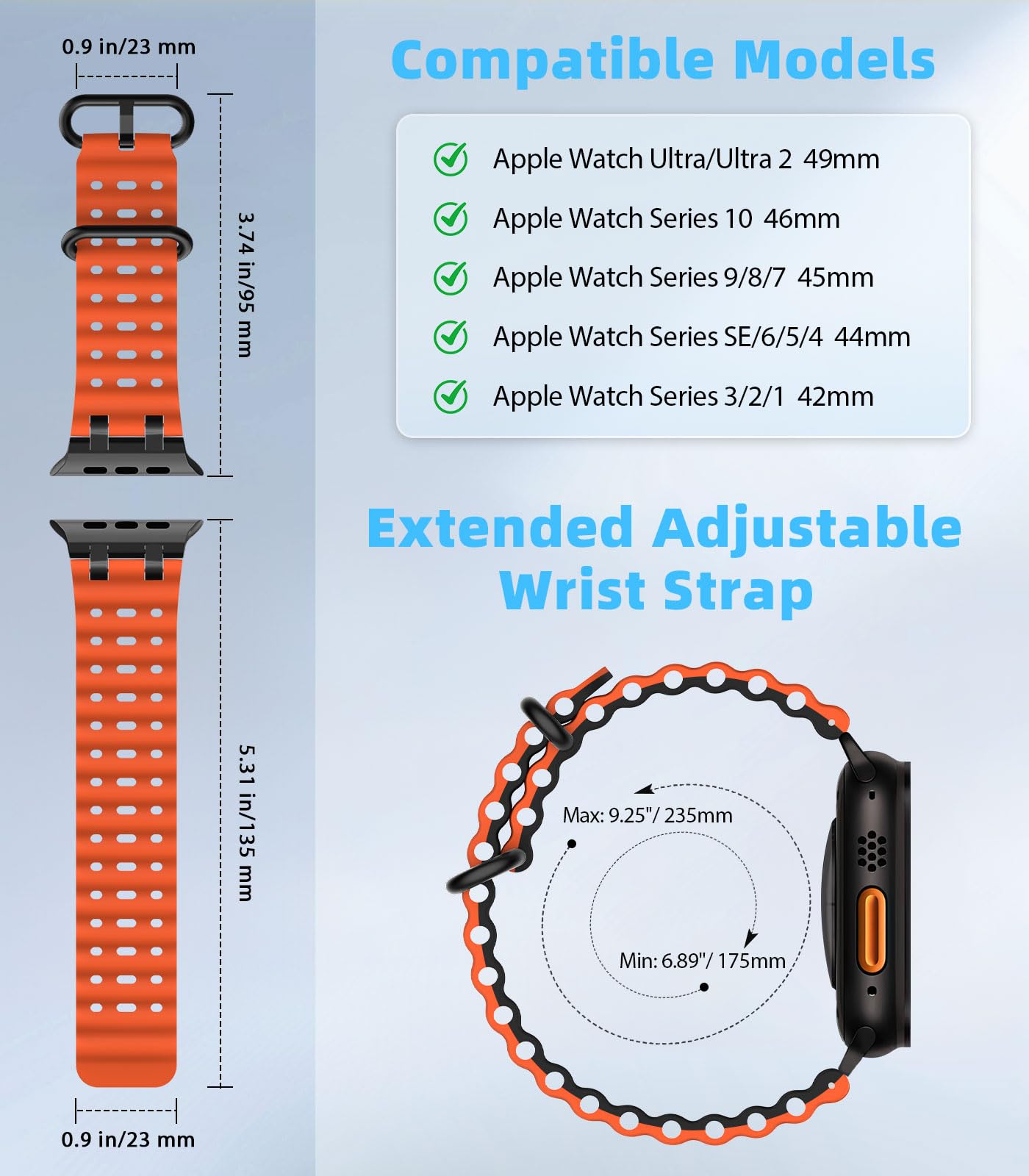 MoKo Cinturino Ocean Compatibile con Apple Watch Ultra 3/2/1 49 mm, S11/S10 46 mm, 9/8/7 45 mm, SE3/SE2/SE/6/5/4 44 mm, 3/2/1 42 mm, Cinturino Sportivo in Silicone Traspirante
