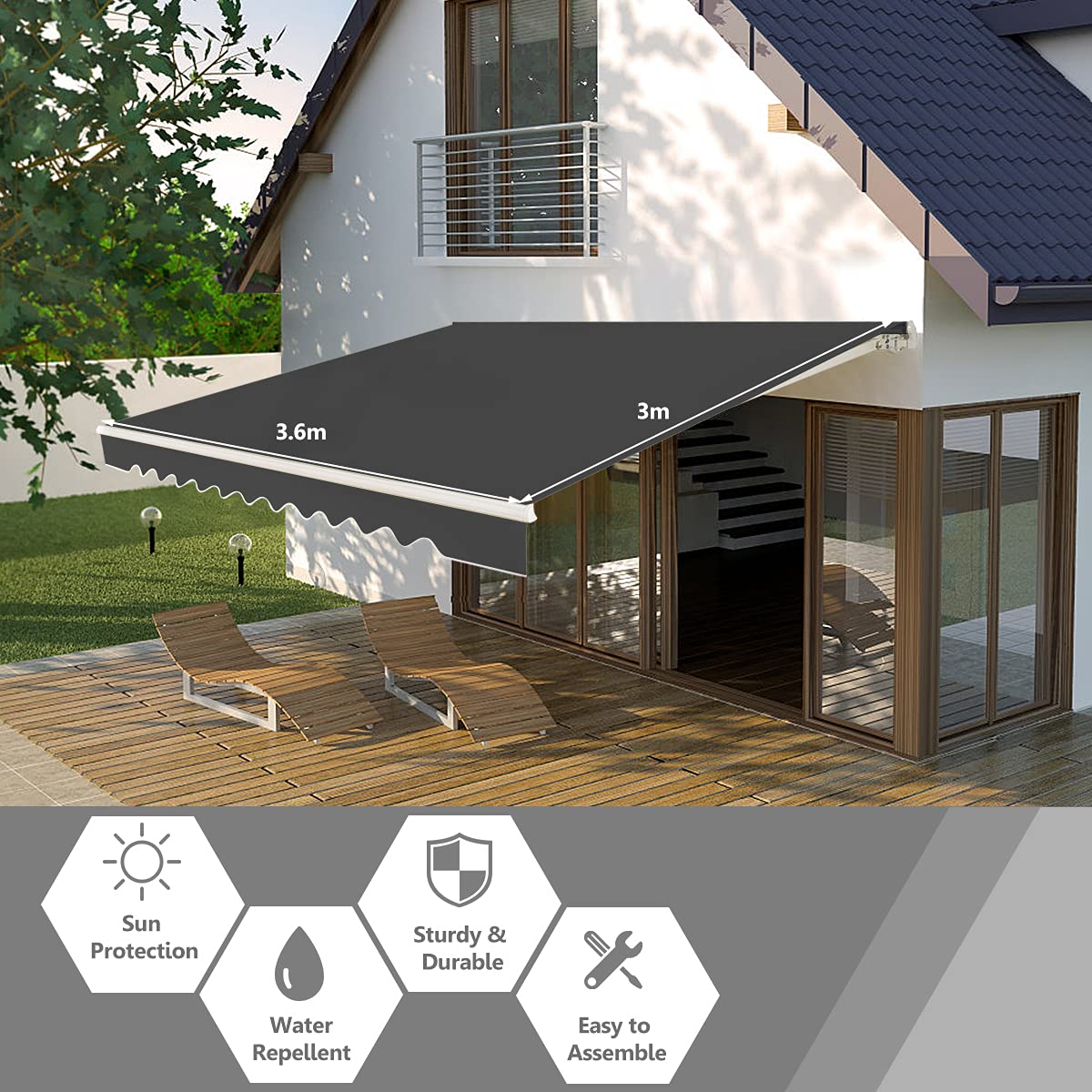 FANTASK Store de terrasse avec Une Longue poignée de manivelle UPF50+ - 300 x 250 cm (Gris)