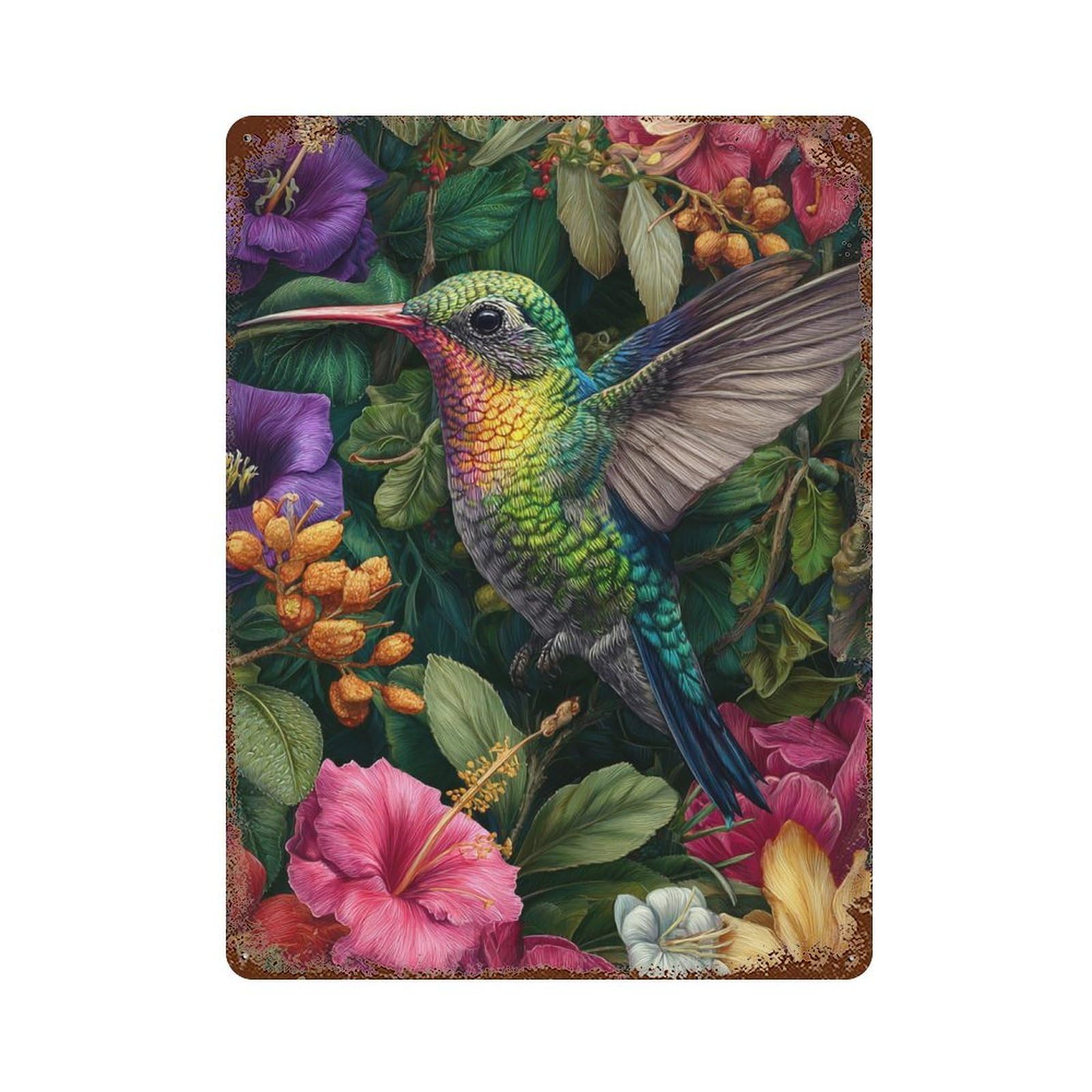 Hummingbird Garden Rust Effect Tin Sign 15.7"x11.8", Vintage Wall Decor for Garage, Pub Or Kitchen