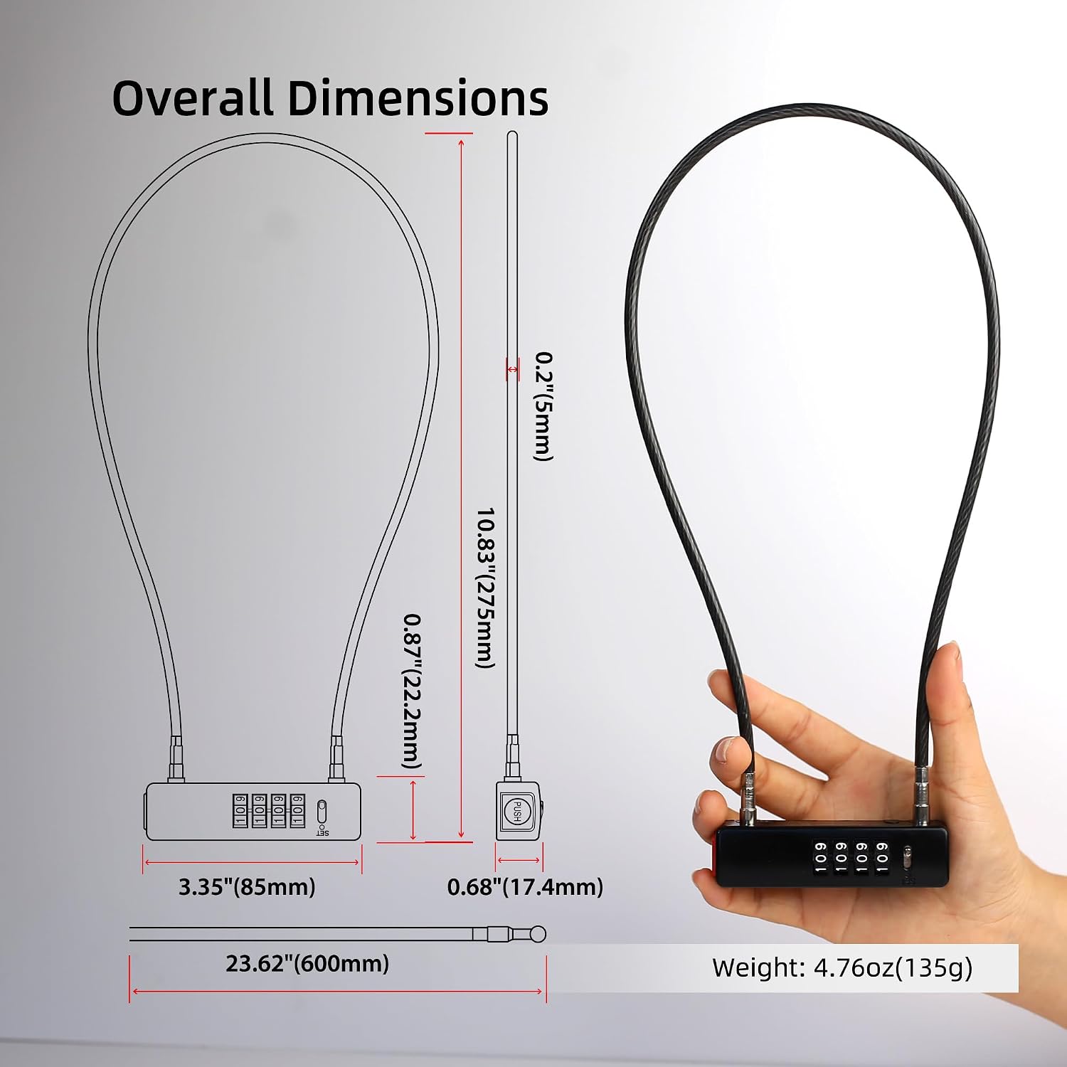 Combination Bike Lock Cable 2 ft, 4 Digit Combination Lock Outdoor, Small Combo Cable Padlock for Kids Bike, Bicycle, Scooter, Fence Gate, Fridge Door, Travel Luggage, Helmet Secure
