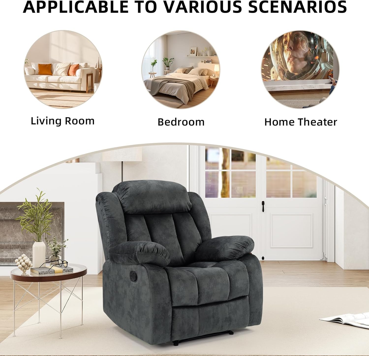EBELLO Manual Recliner Chair, Classic and Fabric Recliner Sofa with Overstuffed Arms and Back for Living Room, Bedroom, Grey