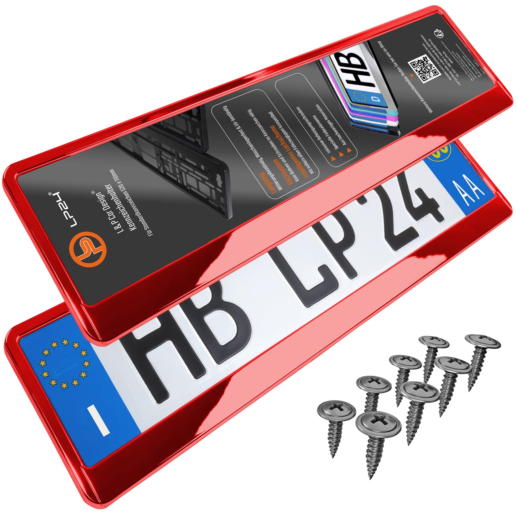 Portatarga Auto - Supporto Targa - [semplice, durevole e sicuro] - 8 viti - 520x110 mm - Rosso Cromo - Porta Targa - adatto a qualsiasi auto - per targhe italiane omologate - Fissaggio per Targa