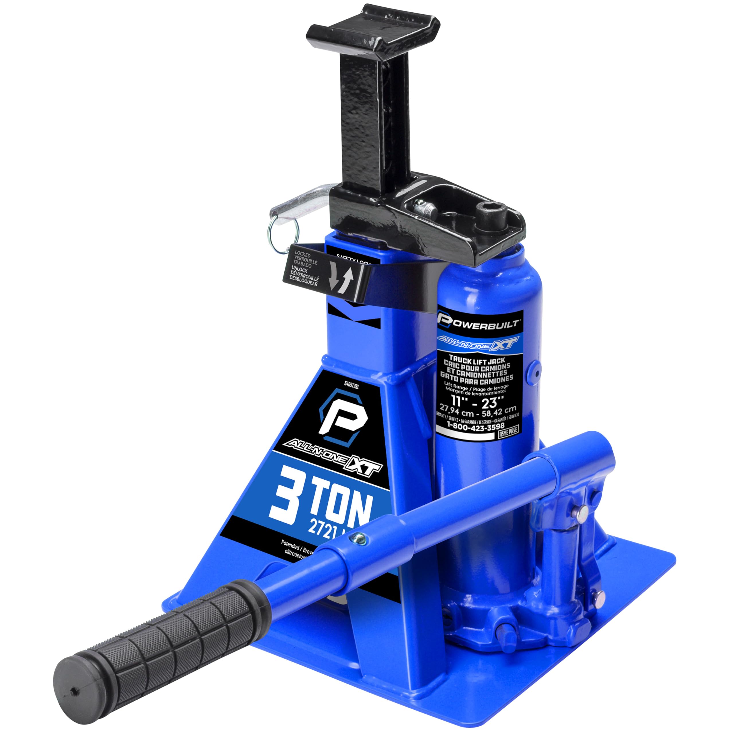 POWERBUILT 3 Ton All-in-One Hydraulic Bottle Jack and Jackstand in One, Compact, Wide Base, 11-21 Inch Range, Eliminates Jackstands, for Trucks, SUVs, RVs, Trailers, ASME, Not for Sedans - 640912