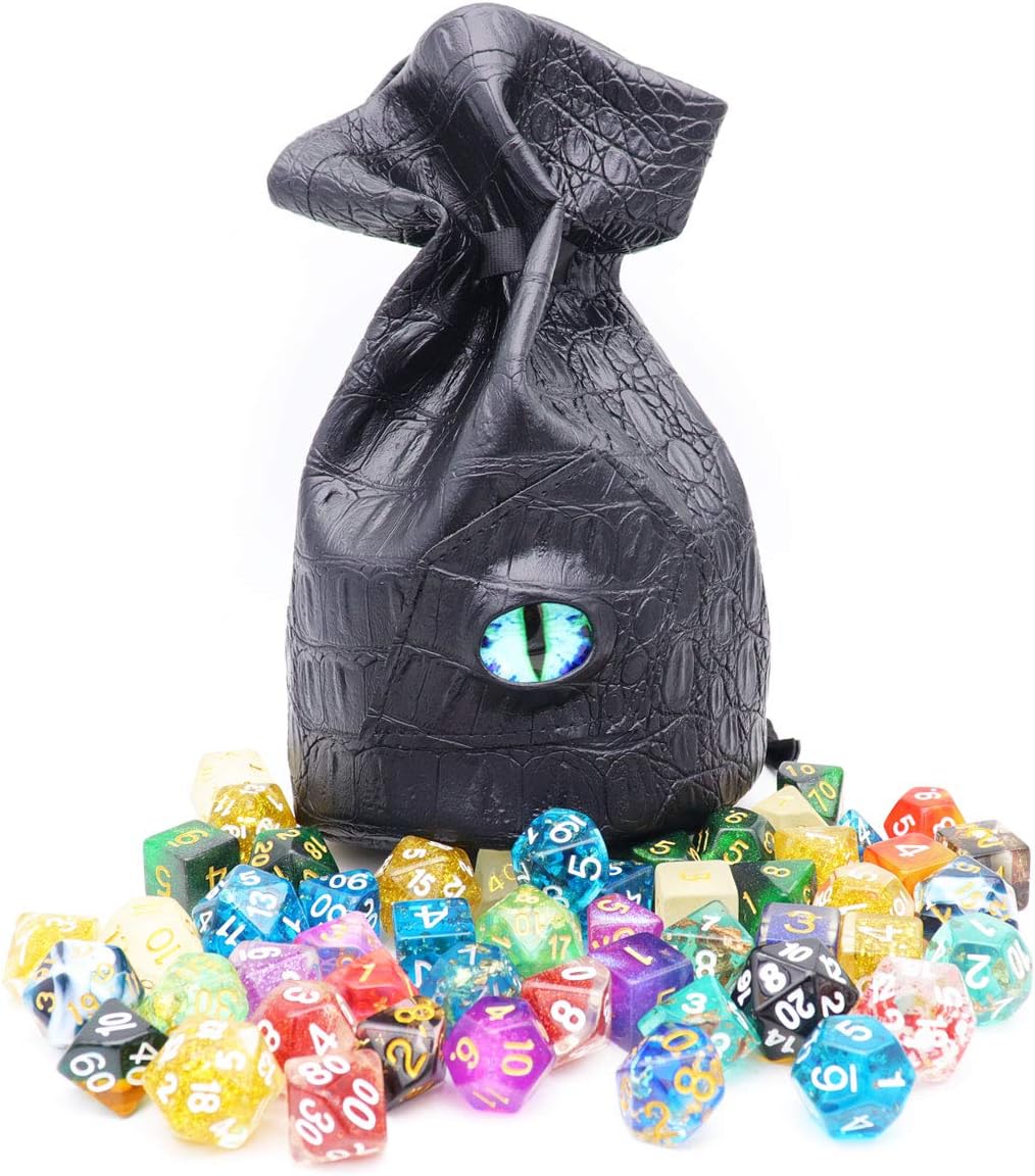 Haxtec Dragon Dice Bag Dungeons and Dragons Gift Drawstring Leather DND Dice Pouch Storage Bag for D&D Dice, Coins and Accessories (Blue Eye-L)