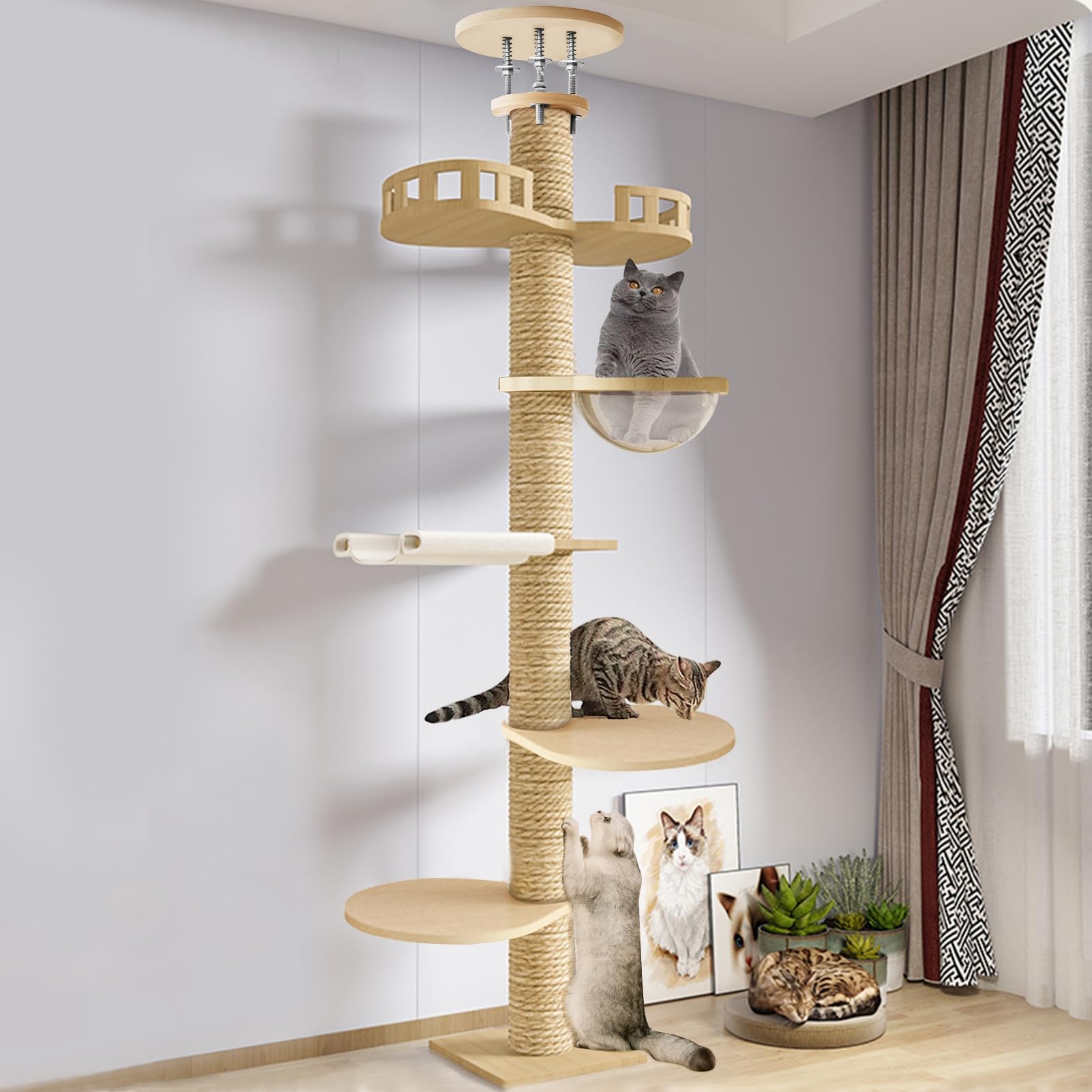 Árbol para gatos, torre moderna para gatos de suelo a techo, torre para gatos de altura ajustable con cuenco de hamaca, poste rascador de 6 niveles para gatos de interior, árbol de actividad