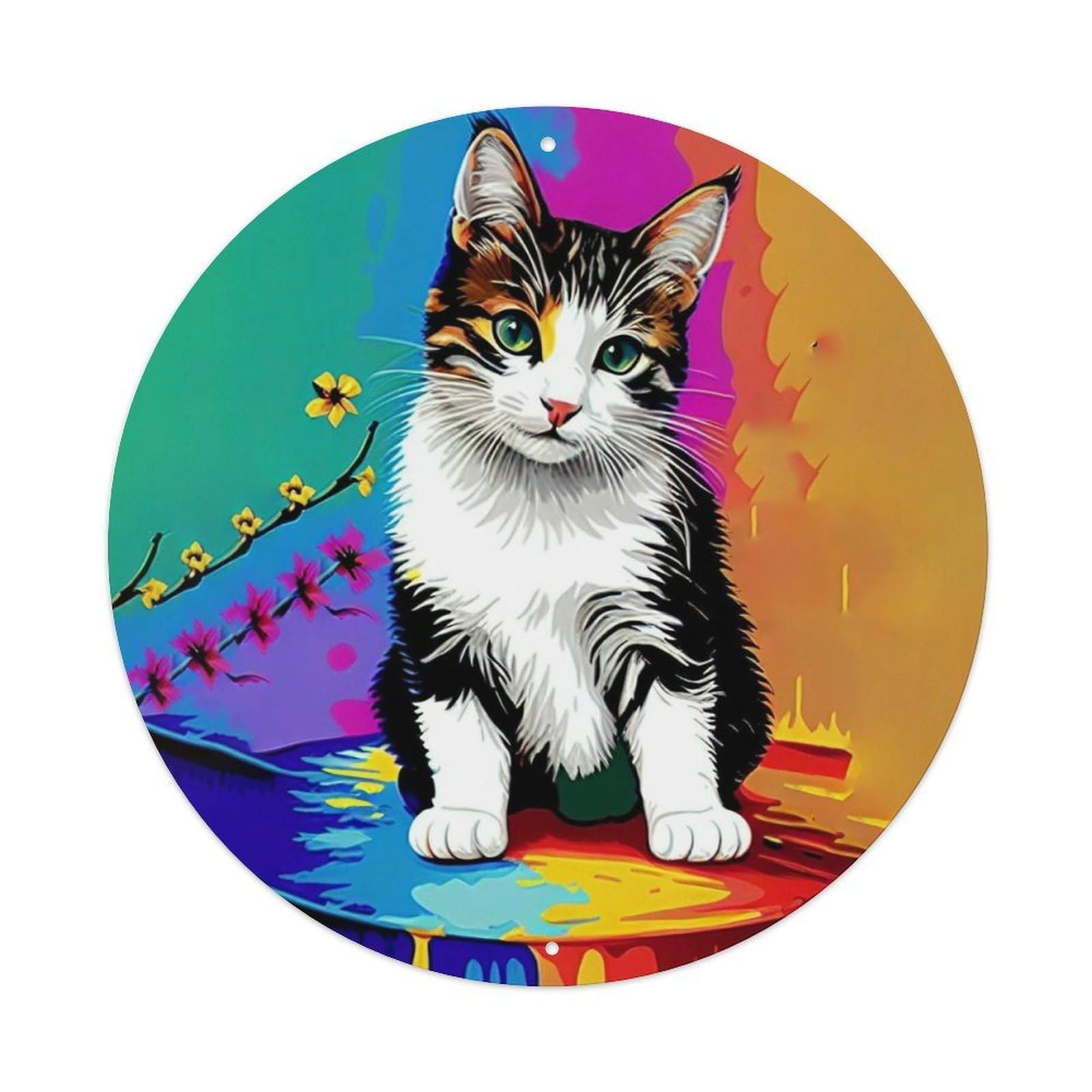 Animal Tabby Kitten Colorful Floral Bright Color Block Vintage Metal Tin Sign Plaque Wall Decor for Cafe, Club Bar, Office, Garden Metal Poster 8x8Inch