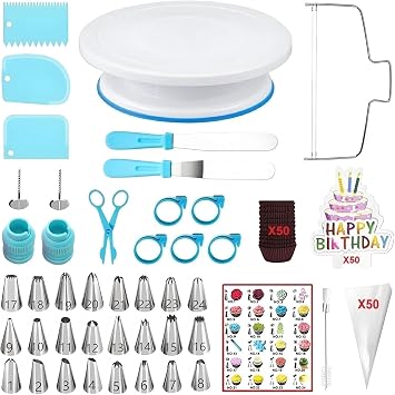 ANSLYQA Cake Decorating Kit, 193 Pcs Baking Tools | Cake Turntable, Leveler, 24 Numbered Icing Tips, 2 Spatulas, 3 Scrapers, 50 Pastry Bags, 50 Cupcake Liners & More, Blue