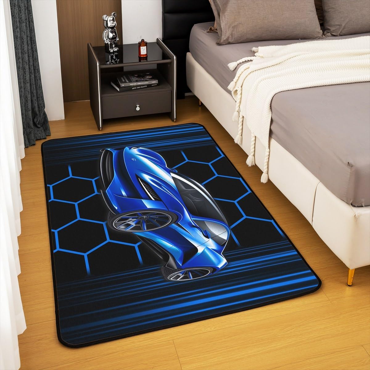 Blue Race Car Decorative Rug 5x6'6''(150cmX200cmX1cm),Honeycomb Geometric Indoor Floor Mat for Playroom Bedside Sofa Bedroom,Extreme Sports Theme Non Shedding Rug for Boys Girls